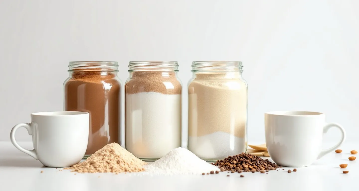 Jars of homemade hot cocoa and drink mixes beside white mugs