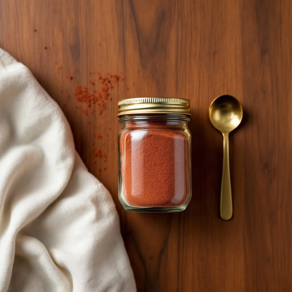 A jar of homemade taco seasoning on a wooden board with a brass spoon